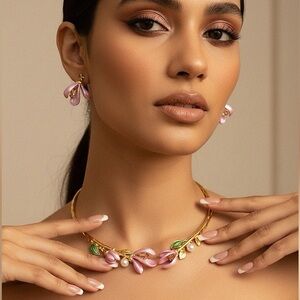 Crystal Set: Necklace and Earrings, 14K Gold Plated